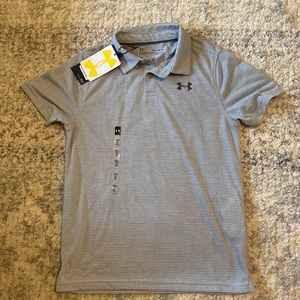 Youth Boys Under Armour heat gear gray and white striped polo shirt size M NWT